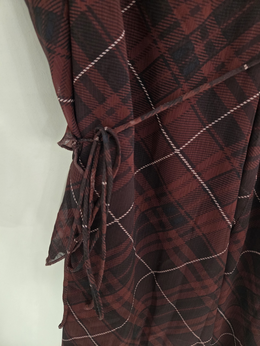 Beivy Asymmetric Ruffle Wrap Dress in Burgundy Plaid Small - Picture 6 of 7
